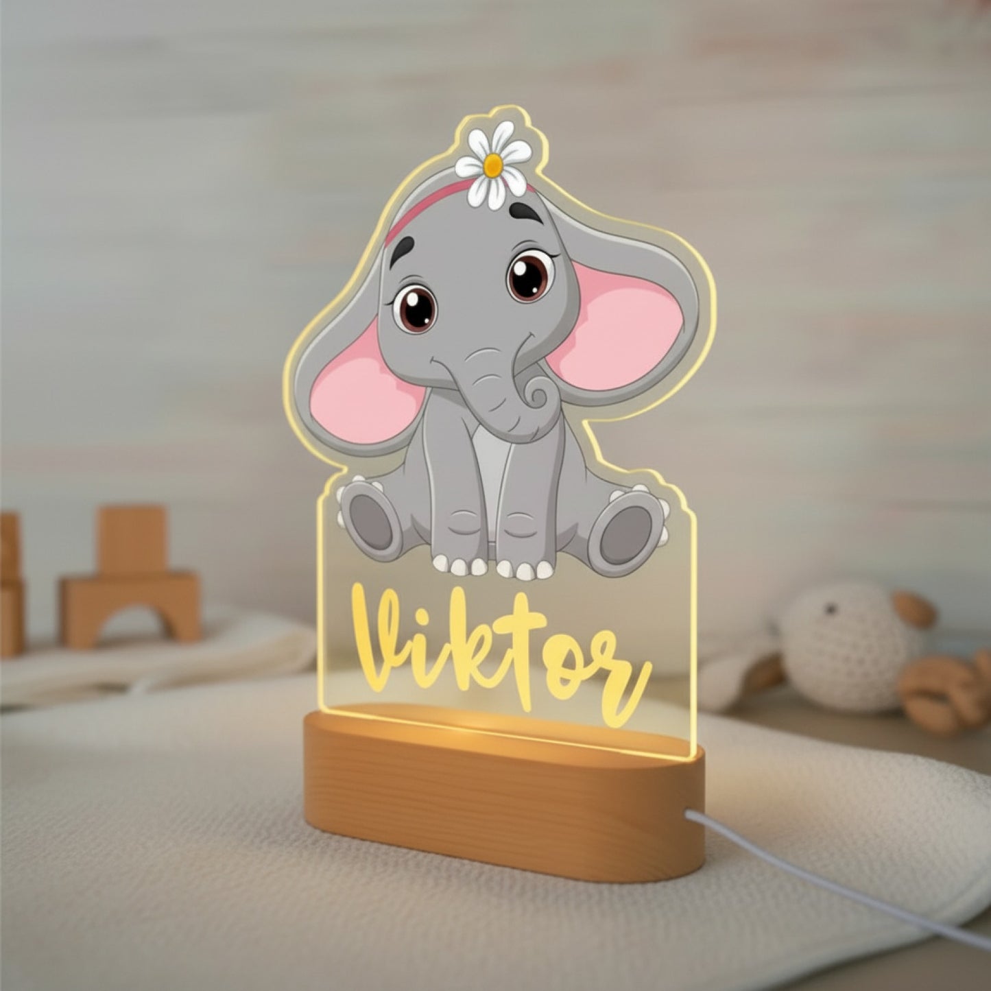Veilleuse Éléphant Personnalisée avec Prénom – Lampe LED Douce pour Bébé et Enfant