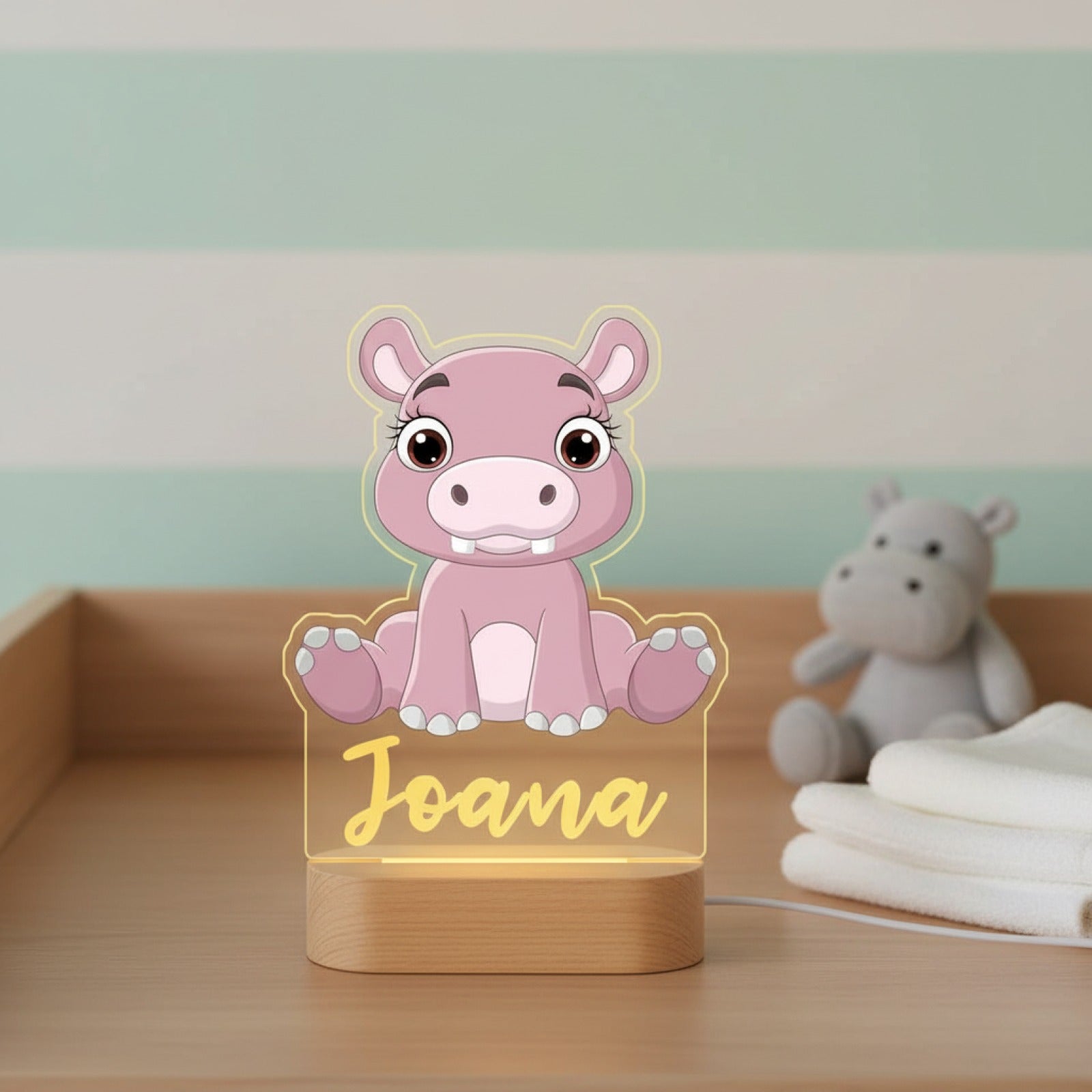 Veilleuse Hippopotame Personnalisée avec Prénom – Lampe LED pour Bébé et Enfant