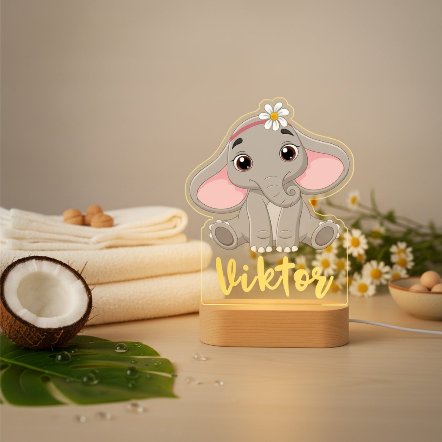 Veilleuse Éléphant Personnalisée avec Prénom – Lampe LED Douce pour Bébé et Enfant