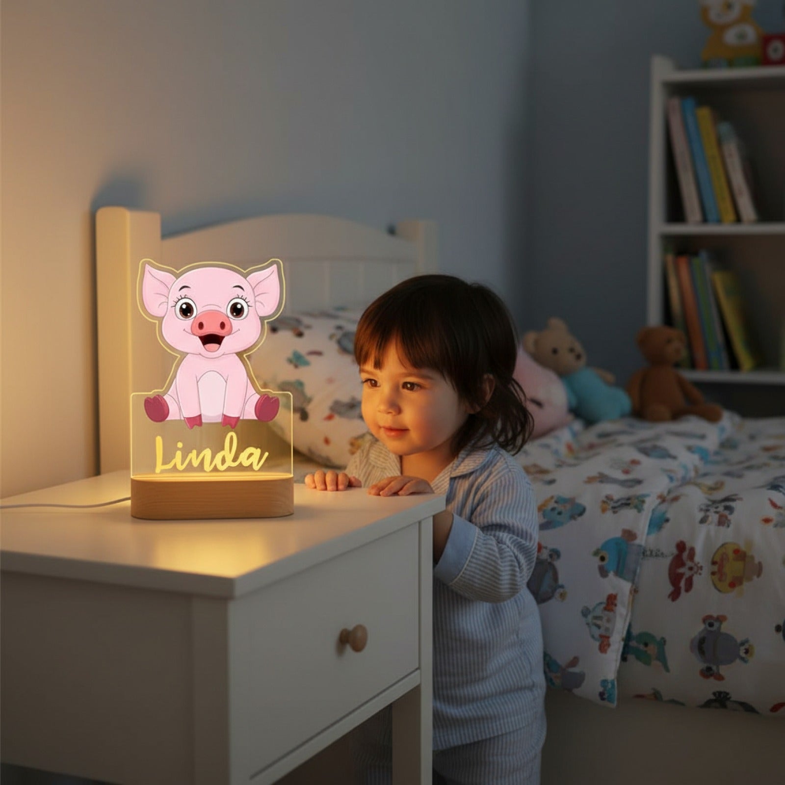 Veilleuse Cochon Personnalisée avec Prénom – Lampe LED Enfant